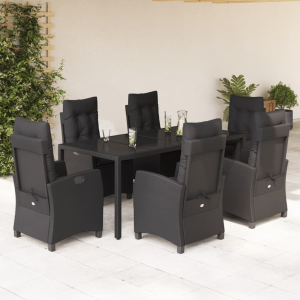 7 pcs conjunto de jantar p/ jardim c/ almofadões vime PE preto D