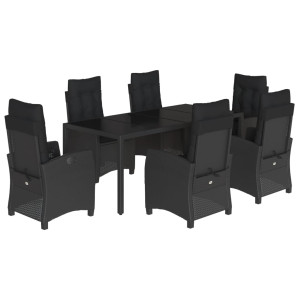 7 pcs conjunto de jantar p/ jardim c/ almofadões vime PE preto H