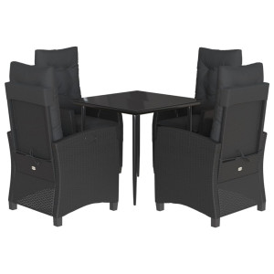 5 pcs conjunto de jantar p/ jardim c/ almofadões vime PE preto H