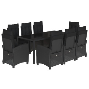 9 pcs conjunto de jantar p/ jardim c/ almofadões vime PE preto H