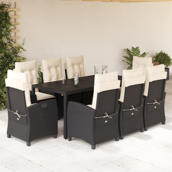 Set de comedor de jardín 9 pzas y cojines ratán sintético negro D