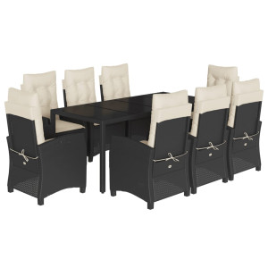 9 pcs conjunto de jantar p/ jardim c/ almofadões vime PE preto H