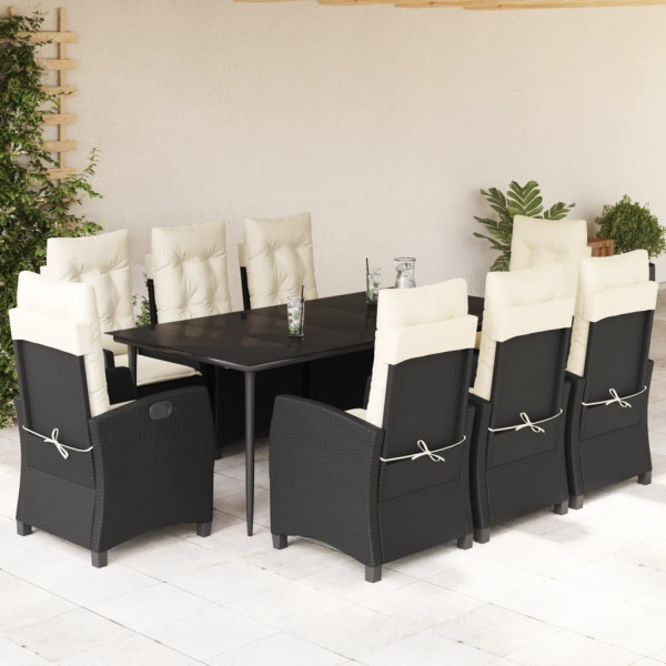 Set de comedor de jardín 9 pzas y cojines ratán sintético negro D