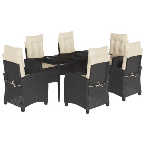 7 pcs conjunto de jantar p/ jardim c/ almofadões vime PE preto H