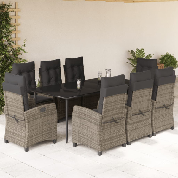 Set comedor jardín 9 pzas y cojines ratán sintético gris D