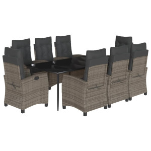 9 pcs conjunto de jantar p/ jardim c/ almofadões vime PE cinza H
