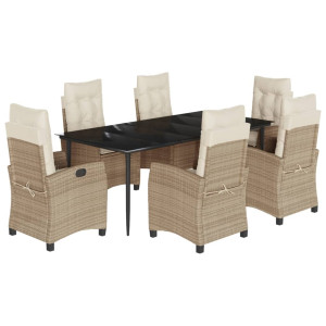 7 pcs conjunto de jantar p/ jardim com almofadões vime PE bege H