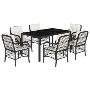 7 pcs conjunto de jantar p/ jardim c/ almofadões vime PE preto H