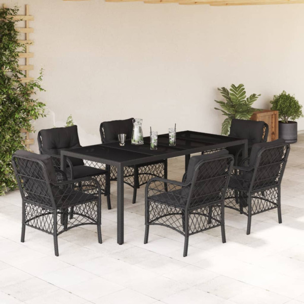 Set de comedor de jardín 7 pzas y cojines ratán sintético negro D