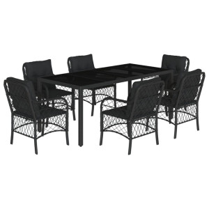 7 pcs conjunto de jantar p/ jardim c/ almofadões vime PE preto H