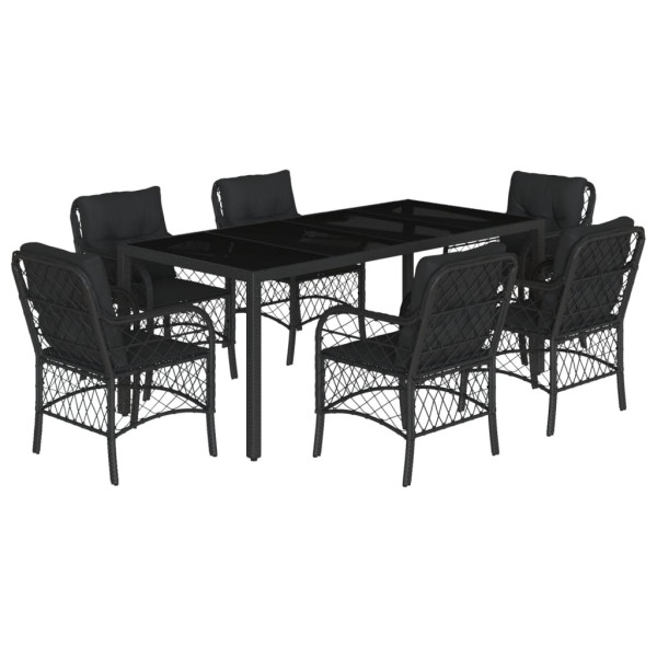 7 pcs conjunto de jantar p/ jardim c/ almofadões vime PE preto M 2