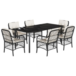 7 pcs conjunto de jantar p/ jardim c/ almofadões vime PE preto H