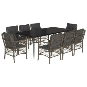 9 pcs conjunto de jantar p/ jardim c/ almofadões vime PE cinza H