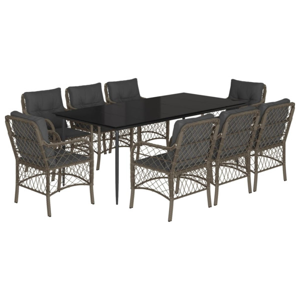 Set comedor jardín 9 pzas y cojines ratán sintético gris M 2
