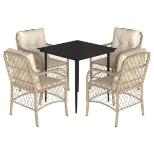 5 pcs conjunto de jantar p/ jardim com almofadões vime PE bege H