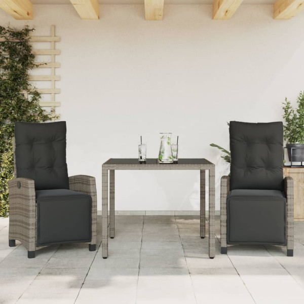 Set comedor de jardín 3 piezas con cojines ratán sintético gris D