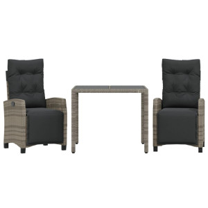 3 pcs conjunto de jantar p/ jardim c/ almofadões vime PE cinza H