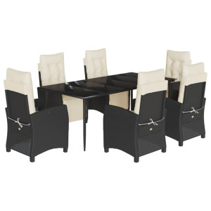 7 pcs conjunto de jantar p/ jardim c/ almofadões vime PE preto H