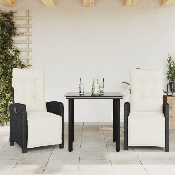 Set comedor de jardín 3 pzas con cojines ratán sintético negro D