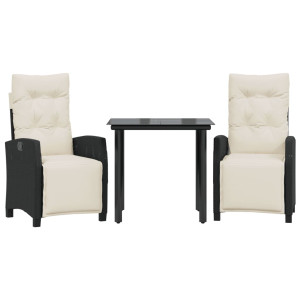 3 pcs conjunto de jantar p/ jardim c/ almofadões vime PE preto H