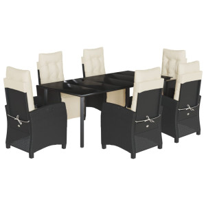 7 pcs conjunto de jantar p/ jardim c/ almofadões vime PE preto H