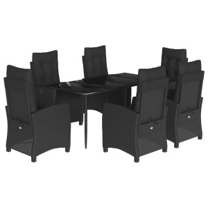 7 pcs conjunto de jantar p/ jardim c/ almofadões vime PE preto H