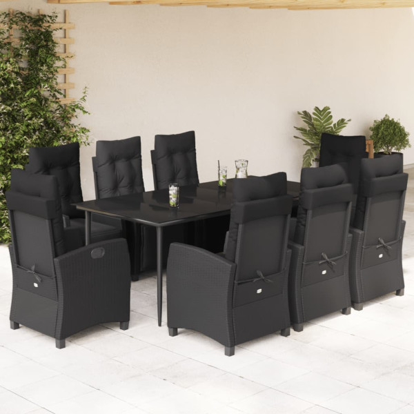 9 pcs conjunto de jantar p/ jardim c/ almofadões vime PE preto D