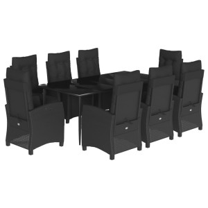 9 pcs conjunto de jantar p/ jardim c/ almofadões vime PE preto H