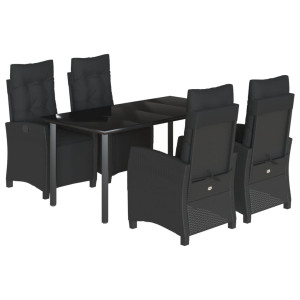 5 pcs conjunto de jantar p/ jardim c/ almofadões vime PE preto H