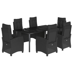 7 pcs conjunto de jantar p/ jardim c/ almofadões vime PE preto H