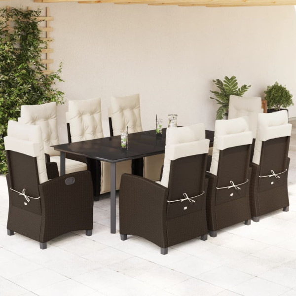 Set comedor para jardín 9 pzas y cojines ratán sintético marrón D