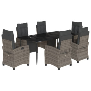 7 pcs conjunto de jantar p/ jardim c/ almofadões vime PE cinza H