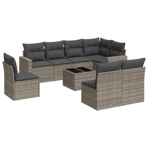 Set de muebles de jardín 9 pzas y cojines ratán sintético gris M 2