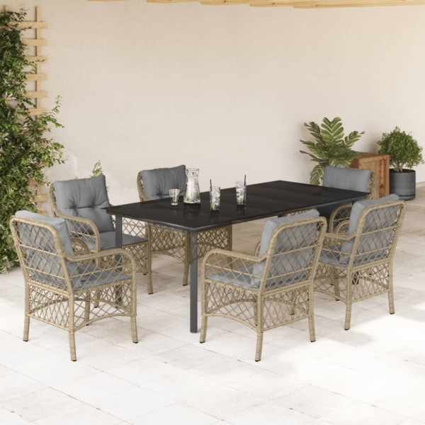 Set comedor de jardín 7 pzas con cojines ratán sintético beige D