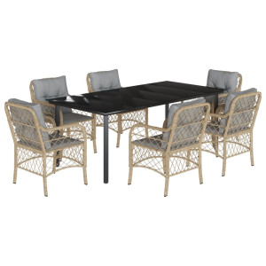 7 pcs conj. jantar jardim c/ almofadões vime PE bege misturado H