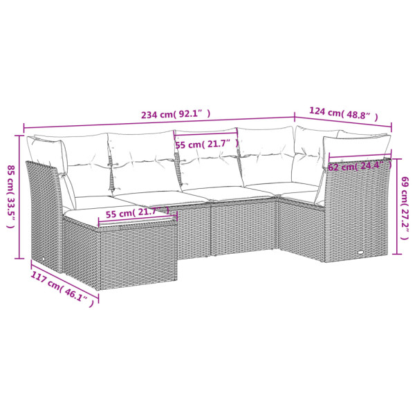 6 pcs conjunto sofás de jardim com almofadões vime cinzento M 3
