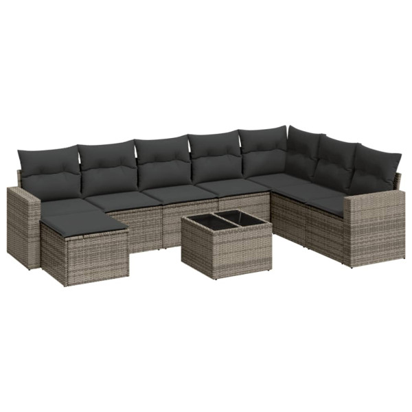 Set de muebles de jardín 9 pzas y cojines ratán sintético gris M 2
