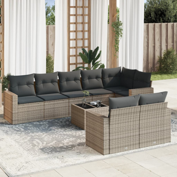 Set de muebles de jardín 9 pzas y cojines ratán sintético gris D