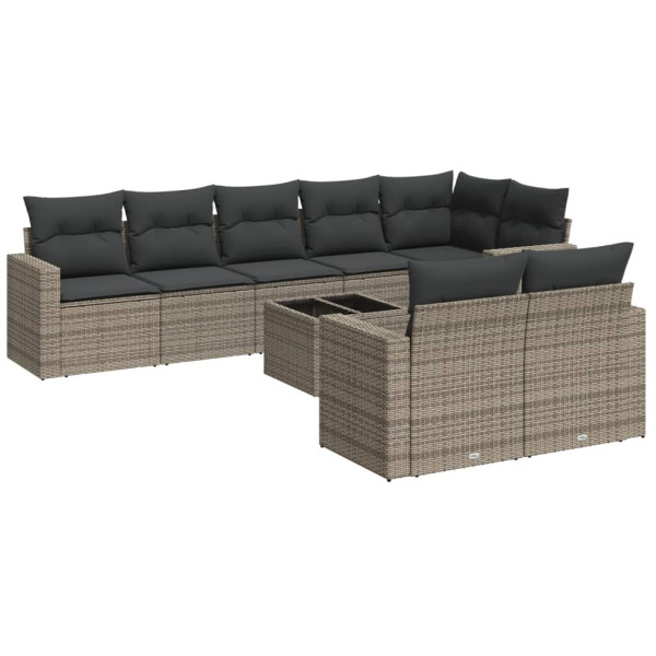 Set de muebles de jardín 9 pzas y cojines ratán sintético gris M 2