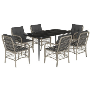 7 pcs conj. jantar p/ jardim c/ almofadões vime PE cinza-claro H