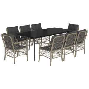 9 pcs conjunto de jantar p/ jardim c/ almofadões cinzento claro H