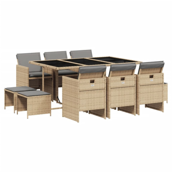 Set comedor de jardín 11 pzas con cojines ratán sintético beige M 2