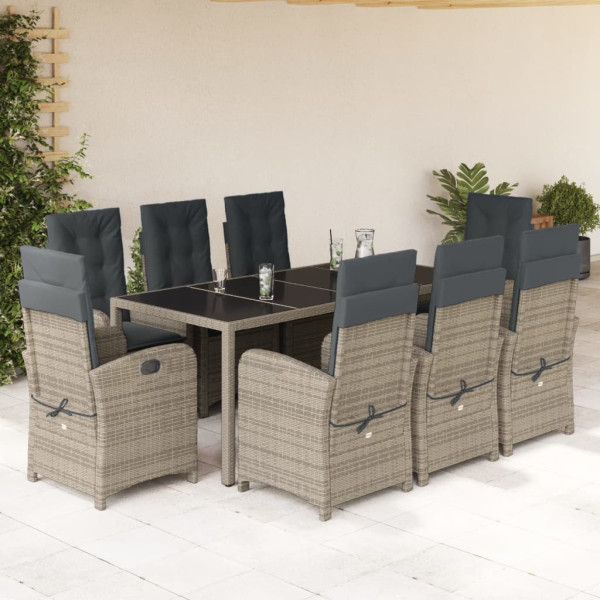 Set comedor jardín 9 pzas y cojines ratán sintético gris D