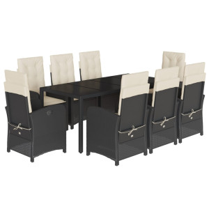 9 pcs conjunto de jantar p/ jardim c/ almofadões vime PE preto H