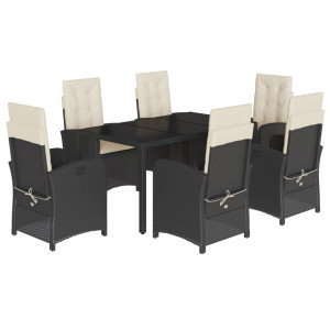 7 pcs conjunto de jantar p/ jardim c/ almofadões vime PE preto H