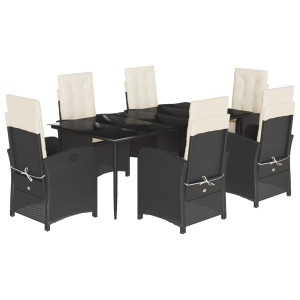 7 pcs conjunto de jantar p/ jardim c/ almofadões vime PE preto H