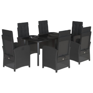 7 pcs conjunto de jantar p/ jardim c/ almofadões vime PE preto H