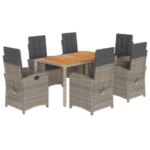 7 pcs conjunto de jantar p/ jardim c/ almofadões vime PE cinza H