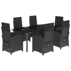 7 pcs conjunto de jantar p/ jardim c/ almofadões vime PE preto H