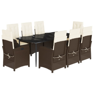 9 pcs conjunto jantar p/ jardim c/ almofadões vime PE castanho H